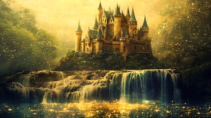 Naklejka premium Enchanting fantasy castle perched atop a towering mountain surrounded by cascading waterfalls and a lush magical woodland landscape This captivating