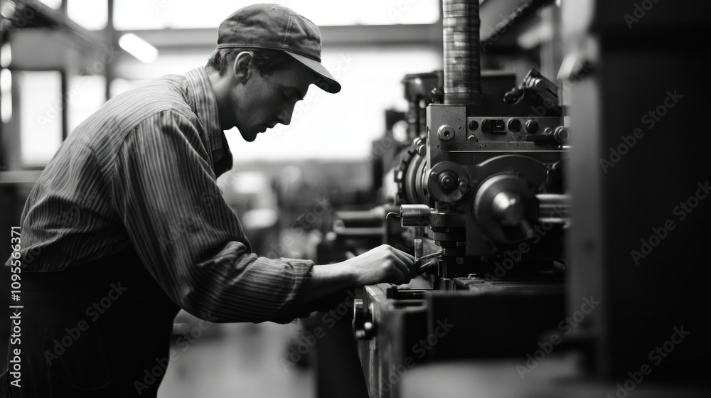 Poster A Man Operating a Large Industrial Machine in a Factory