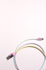 Colorful plug charger cable, usb connector for phone, copy space