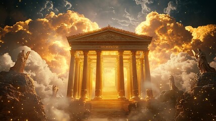 Ethereal and majestic temple on the legendary Mount Olympus with towering golden pillars and a glowing divine atmosphere evoking the grandeur and mysticism of ancient Greek mythology