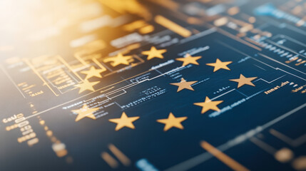 Golden stars of the European Union flag overlay a digital interface, symbolizing technology and innovation within the EU framework.
