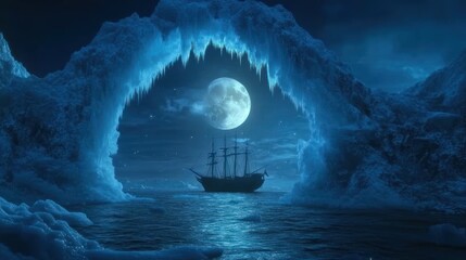 A ship sailing through an icy arch under a full moon in a serene night scene.