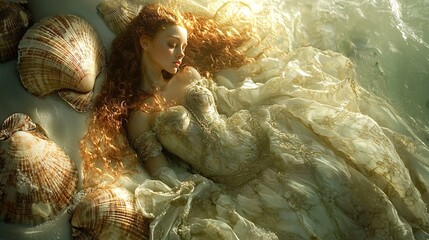 Ethereal Aphrodite the Goddess of Love and Beauty rises gracefully from the shimmering ocean surrounded by a halo of seashells and bathed in the soft golden light