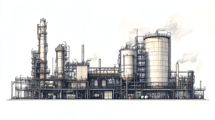 Obraz premium White background, black line drawing style flat illustration of an industrial city with large buildings and smokestacks