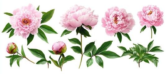 Pink Peonies with Lush Leaves on White Background, Blooming Stages Display
