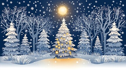 Frosty snow covered winter forest landscape with tall silhouetted trees and a glowing illuminated Christmas tree at the center created in a beautiful elegant papercut style