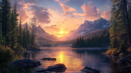 Fototapeta premium A serene alpine landscape at sunrise, featuring a crystal-clear lake, towering pine trees, and majestic snow-capped mountains glowing under golden sunlight breaking through the forest.