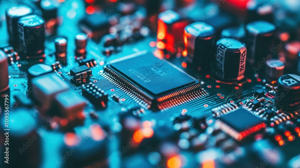 Poster Close-up of a circuit board with a processor and capacitors