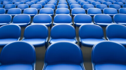Fototapeta premium Rows of empty blue stadium seats, perfectly aligned, awaiting spectators for an upcoming event. The chairs create a repeating pattern of vibrant color.
