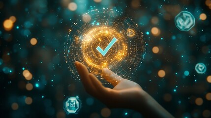Futuristic digital interface with a central glowing checkmark icon surrounded by symbols representing technological innovation set against a moody dark background with blue and yellow highlights