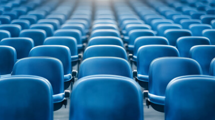 Fototapeta premium Empty blue stadium seats in neatly arranged rows, creating a pattern of repetition, under soft lighting, suggesting anticipation for upcoming events or games.
