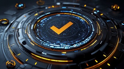 Futuristic hand held digital interface with a central glowing checkmark icon surrounded by various task and control symbols in shades of blue and yellow against a dark minimalist background