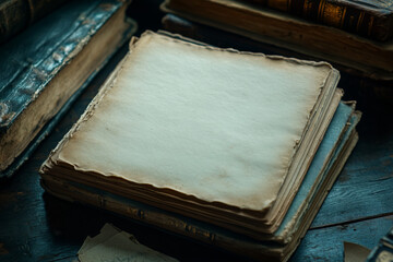 A stack of antique books rests on a dark wooden surface. The top book's aged pages are slightly...