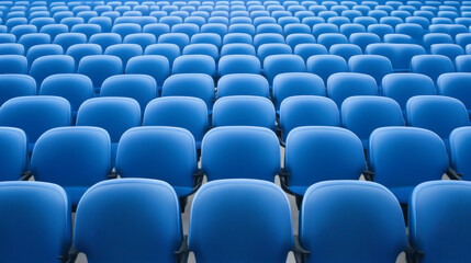 Fototapeta premium Rows of empty blue seats in an auditorium or theater, awaiting an audience. The symmetrical pattern creates a sense of anticipation and calm.