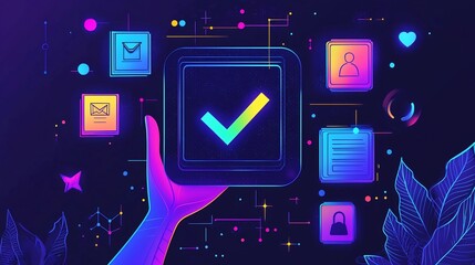 Glowing digital interface with a large checkmark icon in the center held by a hand surrounded by various task and certification icons in vibrant blue and yellow colors against a dark black backdrop