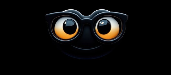 Nerdy emoticon with big glasses, shy smile, on a black background 