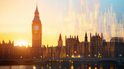 Obraz premium Sunset over London's iconic Big Ben and Houses of Parliament, with an artistic overlay of city lights and abstract digital elements in the sky.