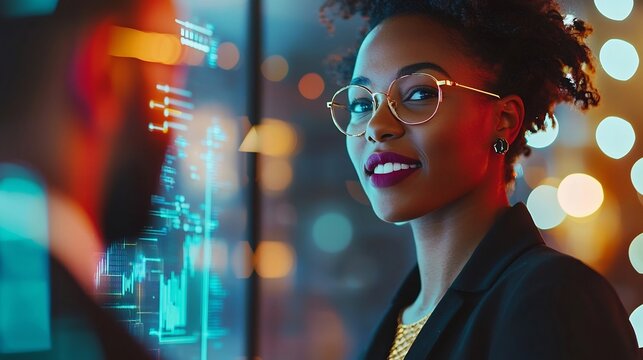 Group of diverse financial technology professionals brainstorming blockchain strategies and solutions with a glowing digital interface in the background  Business team analytics