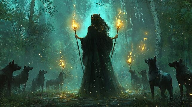 Hecate the Greek Goddess of Crossroads Holding Flaming Torches and Surrounded by Spectral Hounds in a Mystical Gloomy Forest Setting