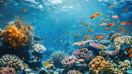 Fototapeta premium A vibrant underwater scene featuring colorful coral reefs, various tropical fish, and clear blue water illuminated by sunlight filtering through the surface.