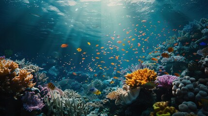 Fototapeta premium A vibrant underwater scene featuring colorful coral reefs, various tropical fish, and clear blue water illuminated by sunlight filtering through the surface.