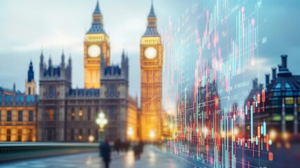Fototapeta premium A blurred image of Big Ben and the UK Parliament is superimposed with financial data, reflecting economic trends and activities in London.