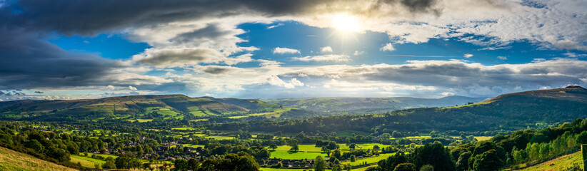 Aerial panorama of Hope Valley in Peak District. England