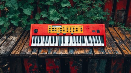 Obraz premium Vintage Red Synthesizer on Rustic Wooden Surface