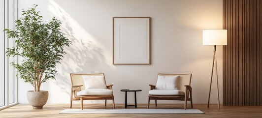 Fototapeta premium Minimalist Living Room with Wooden Armchairs, White Walls, Large Plant, and Black Side Table