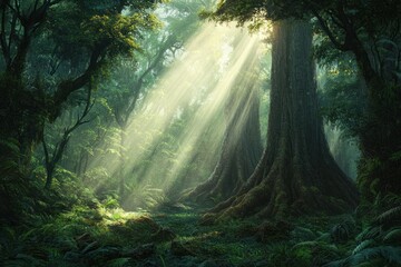 Obraz premium A majestic tree with sprawling roots stands in a lush forest, illuminated by golden sunlight streaming through the canopy, creating a serene and magical atmosphere.