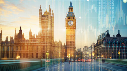 Fototapeta premium Big Ben and the Houses of Parliament in London, with digital effects overlay, create a blend of historical architecture and modern technology.