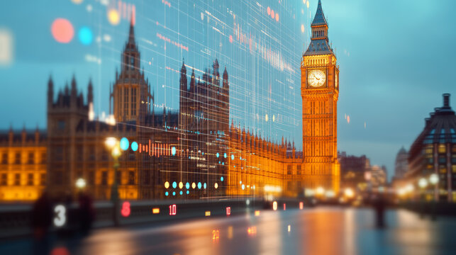 The image shows Big Ben and the Houses of Parliament in London, with a digital overlay of data and numbers, symbolizing technology's influence on the city. - Powered by Adobe