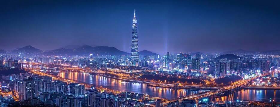 Fototapeta Seoul Night Skyline with Lotte World Tower and Cityscape