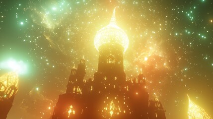 A glowing, ethereal castle surrounded by a cosmic backdrop of stars and nebulae.