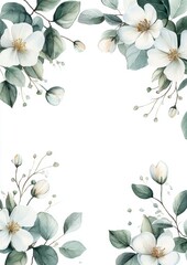 Watercolor Floral Border with White and Green Leaves, White Flowers, Botanical Illustration for Wedding Stationery, Invitations, and Backgrounds