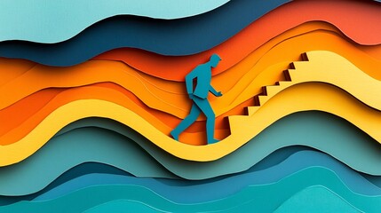 Layered paper cut style digital of a businessman climbing a staircase representing the concept of career growth achievement and professional success