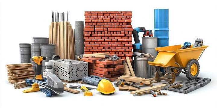 Photorealistic CGI Construction Materials Tools Red Bricks Wooden Planks Hard Hat Yellow Wheelbarrow Drill Pipe