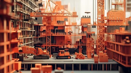 Layered paper cut style of a bustling construction site featuring towering cranes heavy machinery like bulldozers and intricate steel beams