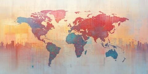 Naklejka premium Artistic world map with vibrant colors blends geographical outlines with abstract background, creating a modern and visually striking representation of global interconnectedness.
