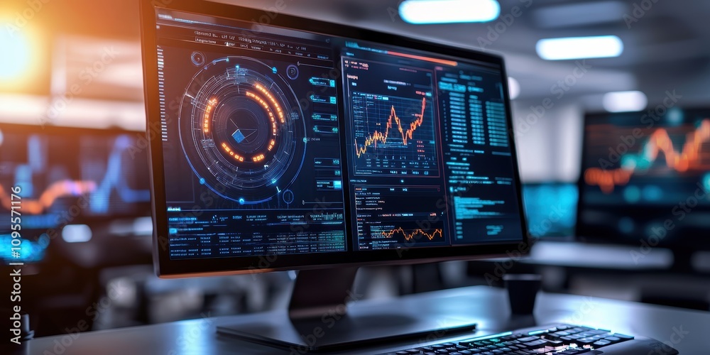 Poster data analysis dashboard showcasing graphs and metrics office environment technology insights digital