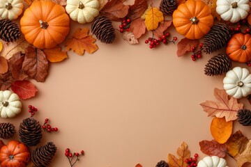 Autumn Top Down View with Pumpkins Gourds Leaves and Fall Decorations