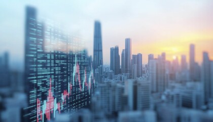 Dynamic city skyline with digital screens showcasing market volatility trends
