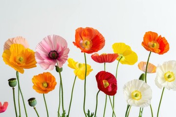 Obraz premium Vibrant bouquet of colorful poppy flowers in various shades including pink, orange, yellow, red, and white against a light background. Nature and beauty concept.