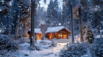 A cozy cabin surrounded by snow-covered trees in a winter landscape.