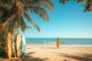 Surfboard Palm Tree Beach Scene Surfing Relaxation Summer Vacation Tropical Paradise Coast Recreation