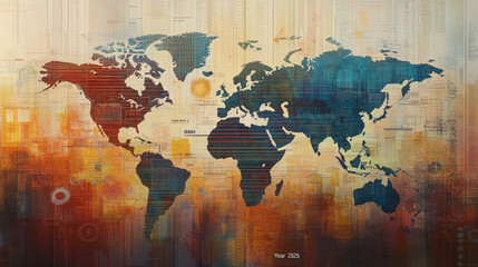 Artistic world map with vibrant colors blending blues, oranges, and yellows, overlayed with digital patterns and the year "2025" in the corner.