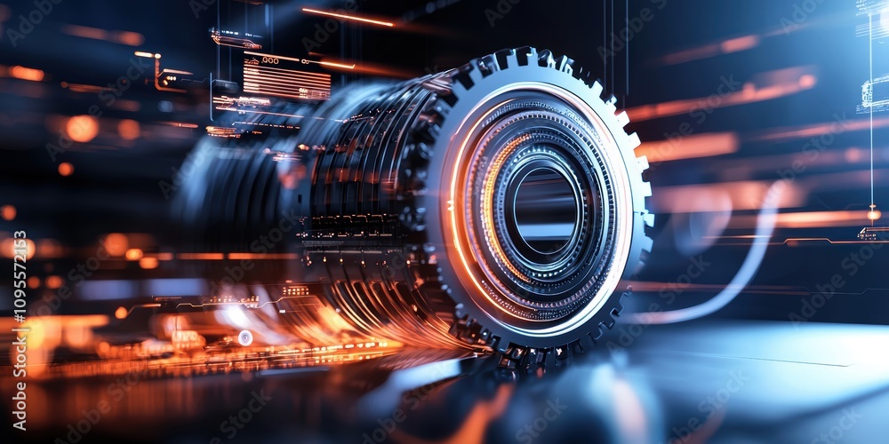 Poster dynamic engine component showcase industrial setting digital visualization technology-driven environ