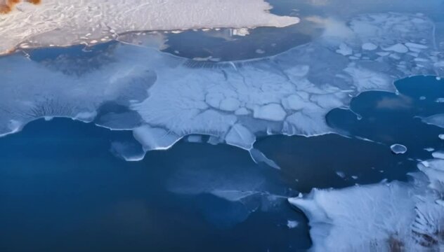 A frozen lake beginning to thaw as temperatures rise, revealing patches of water beneath the cracking ice under soft daylight.