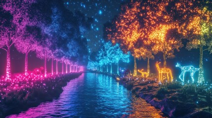 Obraz premium A vibrant, illuminated forest scene with colorful trees and deer by a shimmering river.