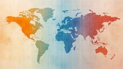 Obraz premium A colorful world map highlighting continents in gradient shades of orange, blue, and red against a vintage-styled background.